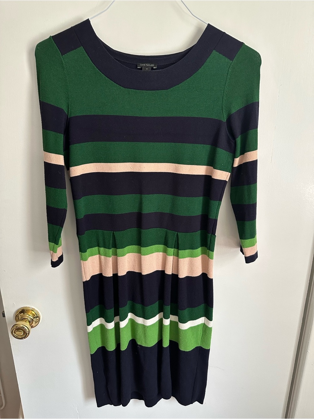 Ann Taylor Green and Navy Striped Long Sleeve Dress with Cream Accents